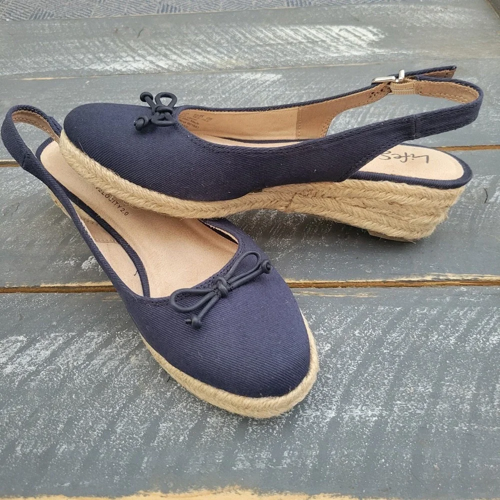 Life Stride Keepsake Women's Espadrille Sandals 8.5W Navy Adjustable‎ Heels New